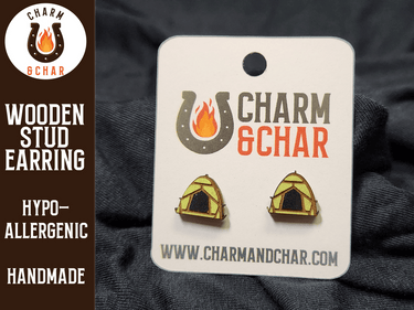 Camping Tent Wood Stud Earrings - Camping Fashion Earring - Stud Earring - Charm and Char